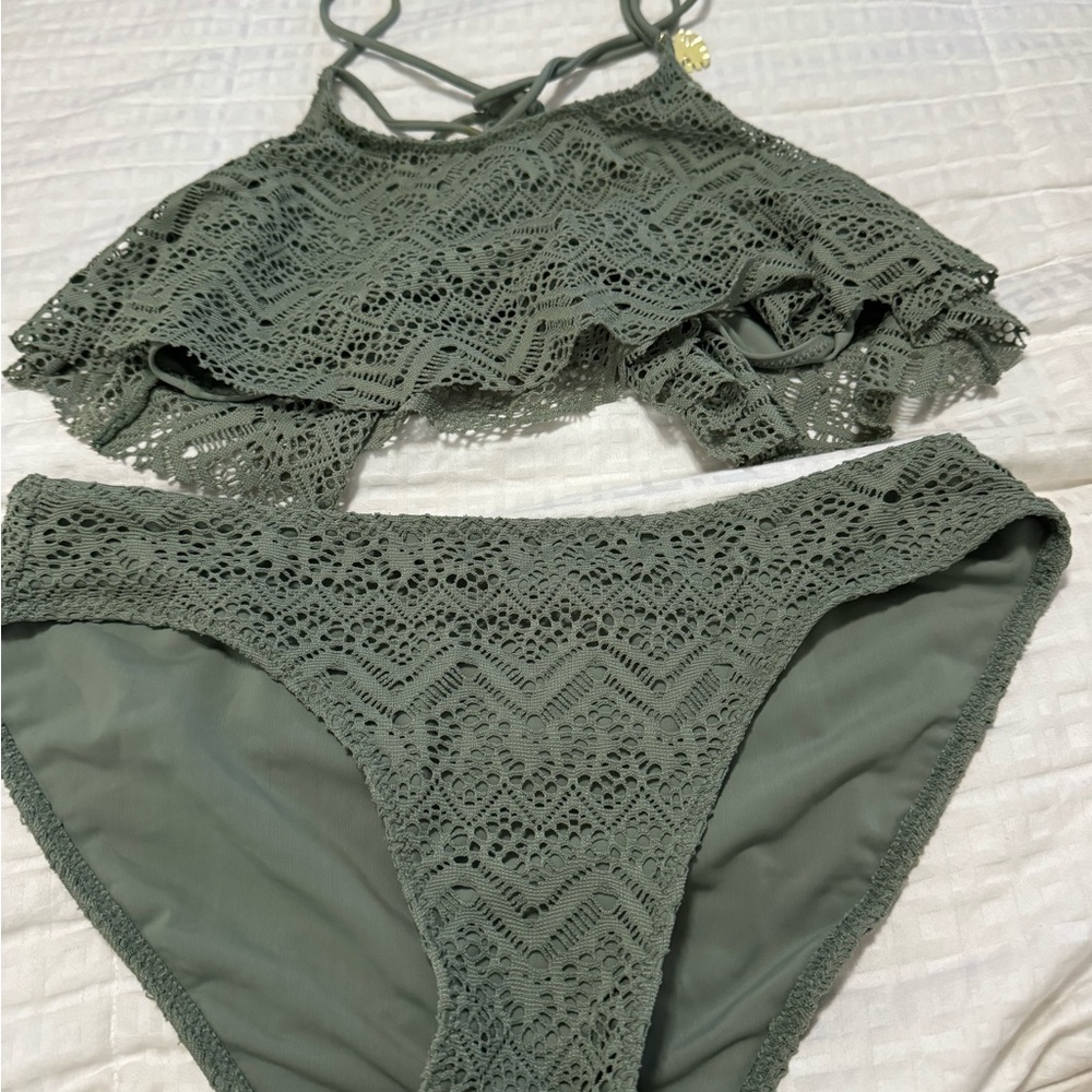 Green Crochet Bikini with Geometric Detailing